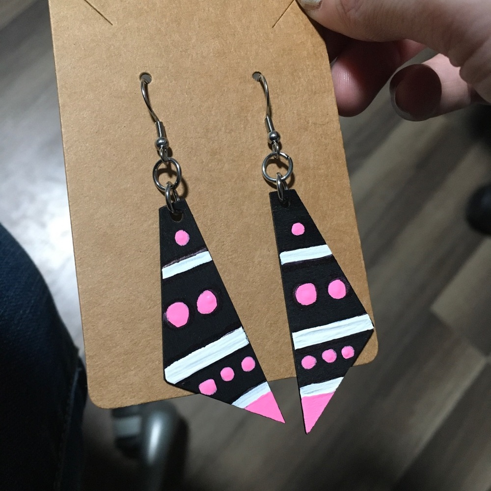 Hand painted pink black and white earrings